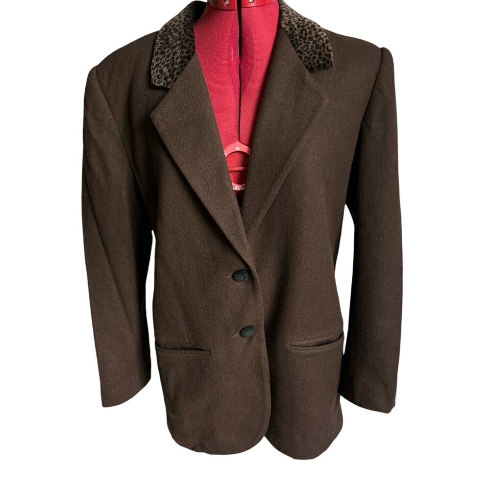 Vintage Casablanca Size 10 100% Wool Animal Print Velvet Collared Brown Blazer